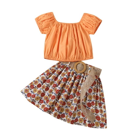 One opening Girl’s Short Sleeve Tops and Sunflower Short Skirt with Waistband