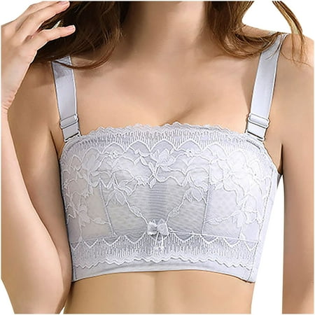 

Women Petite Plus Size Bandeau Bra Floral Lace Wireless Underwear Comfy Daily Bras with Extender and Removable Strap