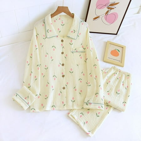 Spring New Ladies Pajamas Set Heart Printed Crepe Cotton Double-layer Gauze Turn-down Collar Long-sleeve Trousers Household Wear
Spring New Ladies Pajamas Set Heart Printed Crepe Cotton Double-layer Gauze Turn-down Collar Long-sleeve Trousers Household Wear