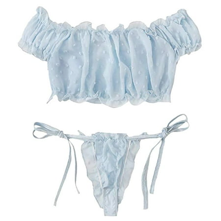Women s Self Tie Ruffle Trim Dobby Mesh Lingerie Set Sexy Bra and Panty