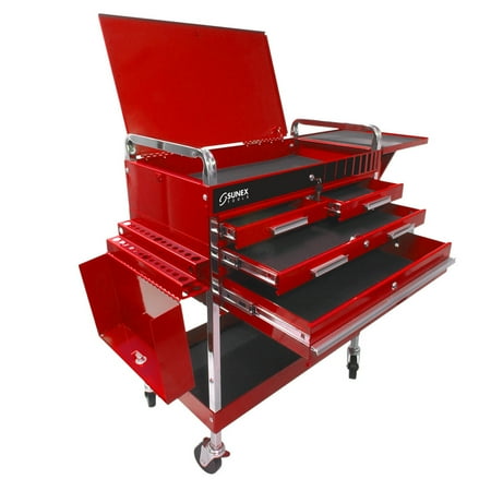Sunex 8013ADELUXE Deluxe 4 Drawer Service Cart with Locking Top (Red)