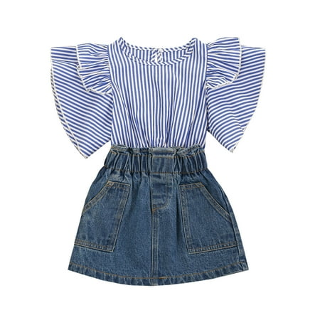 Binpure Kids Girls 2-piece Outfit Set Fly Sleeve Striped Tops+Denim Skirt Set