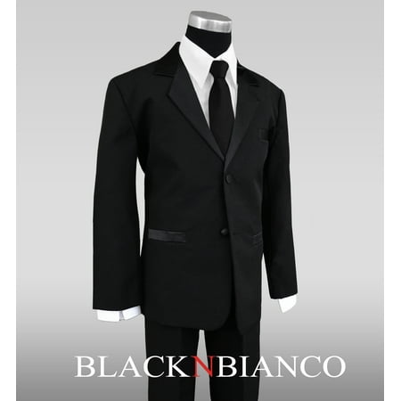 Boys Tuxedo Suit with Satin Notch Labels and a Black Neck Tie