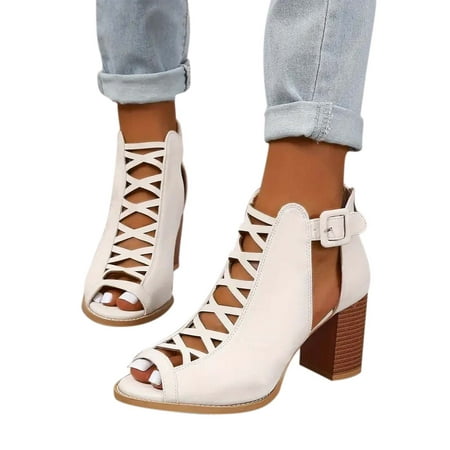 

Jacenvly 2024 New Women s Chunky Heeled Sandals Peep Toe Cut-Out Buckle Strap Stacked Heels Retro High Heels White Sandals for Women Clearance