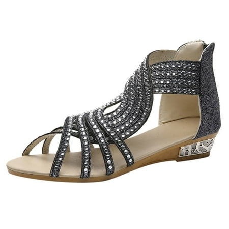 Womens Sandals Spring And Summer Women Wedges Open Toe Breathable Sandals Zipper Casual Rhinestones Shoes