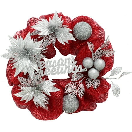 holiday time christmas decor red silver 20 quot wreath christmas mesh garland