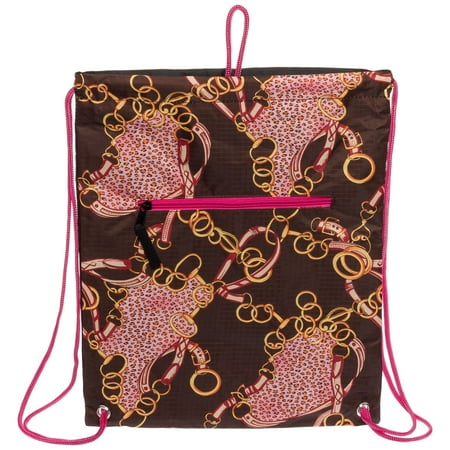 Womens Brown/Pink Leopard Chain Sling Sack Cinch Drawstring Backpack Satchel Bag