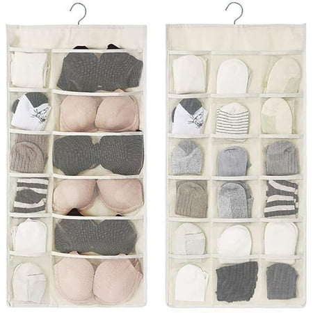 Closet Hanging Organizer Dual Sided Wall Shelf Wardrobe Storage Bags with Mesh Pockets and Rotating Metal Hanger for Bra Underwear Underpants Socks