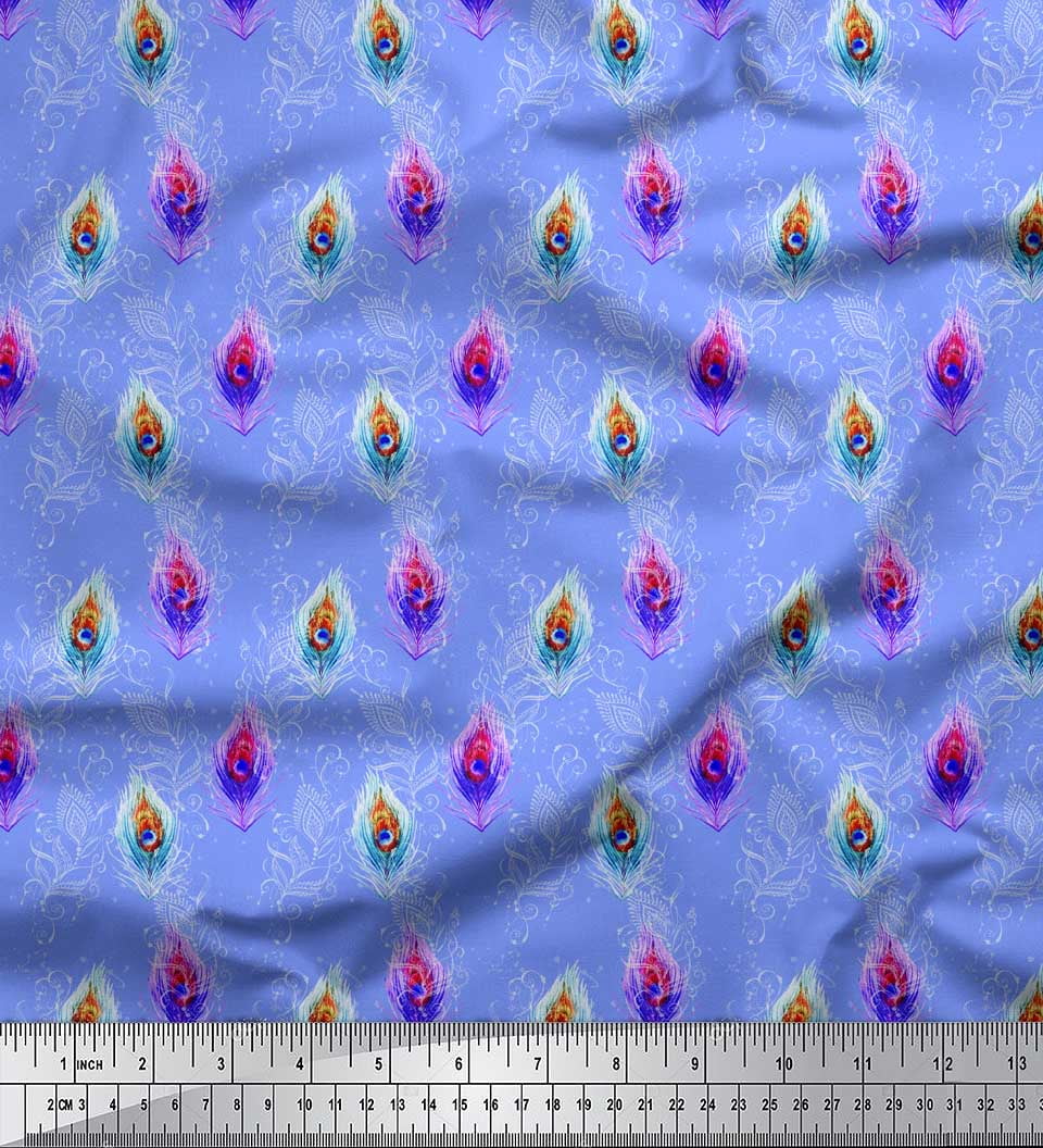 Soimoi Blue Viscose Chiffon Fabric Peacock Feather Print Fabric By The