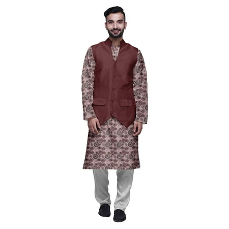 Atasi Printed Kurta Pajama Jacket Set Mandarin Collar Traditional Ethnic Shirt