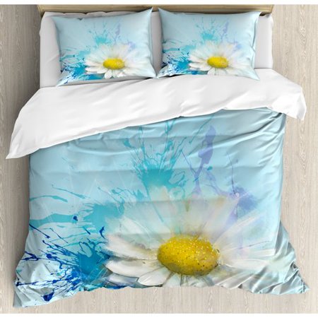 Ambesonne Watercolor Flower Home Oil Painting Chamomile Pattern with Splash on Background Image Duvet Cover Set