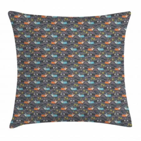 Adventure Nursery Throw Pillow Cushion Cover, Abstract Illustration of Forest Habitants Fluffy Foxes and Dandelions, Decorative Square Accent Pillow Case, 16 X 16 Inches, Multicolor, by Ambesonne