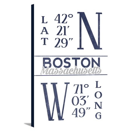 Boston, Massachusetts - Latitude & Longitude (Blue) - Lantern Press Artwork (12x18 Gallery Wrapped Stretched Canvas)