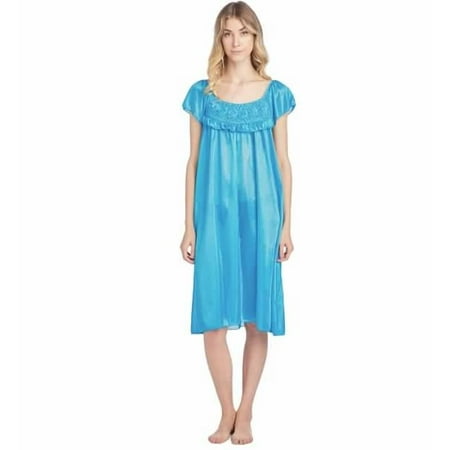 Dream8Teen Women s Fancy Lace Neckline Silky Tricot Nightgown 9032 Aqua X-Large