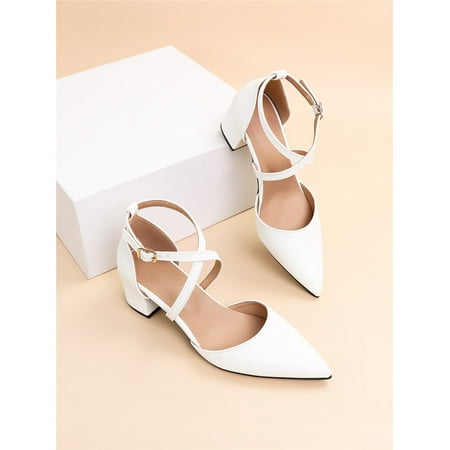 Criss Cross Point Toe Chunky Heeled Ankle Strap Pumps Women‘s Footwear