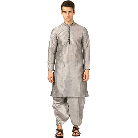 Royal Kurta Mens Silk Blend Loop Button Kurta and Dhoti Set (38 Silver)