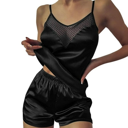 LAPA Women Solid Plunging Neckline Polyester Lace Panel Sling Pajama Set
