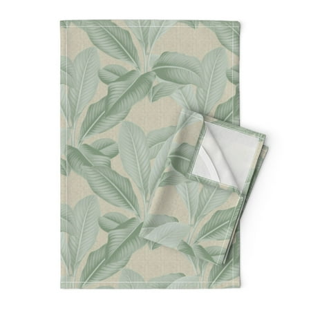 

Printed Tea Towel Linen Cotton Canvas - Palm Tropical Leaves Jungle Sage Green Neutral Earth Tone Print Decorative Kitchen Towel by Spoonflower