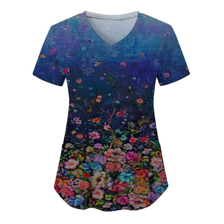 Independence Day Women s Scrubs Top Summer Printed Care V Neck Shirts With Pocket Nurse Uniforms Women