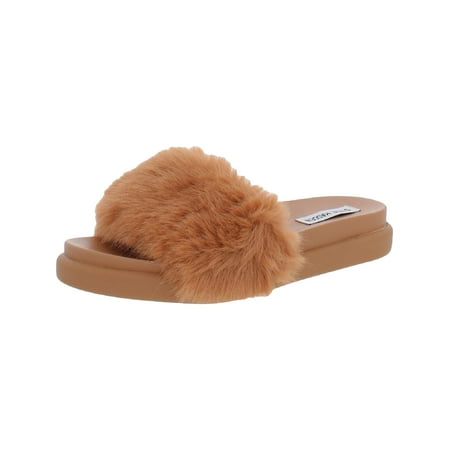 Steve Madden Womens Delphina Faux Fur Open Toe Slide Slippers
