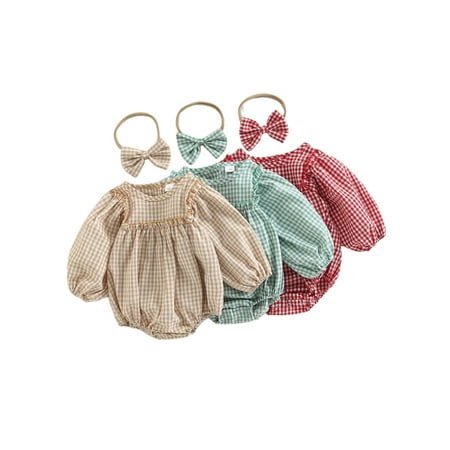Ma&Baby Baby Rompers Newborn Girls Plaid Puff Sleeve Crewneck Ruffle Bodysuit Outfit with Headband