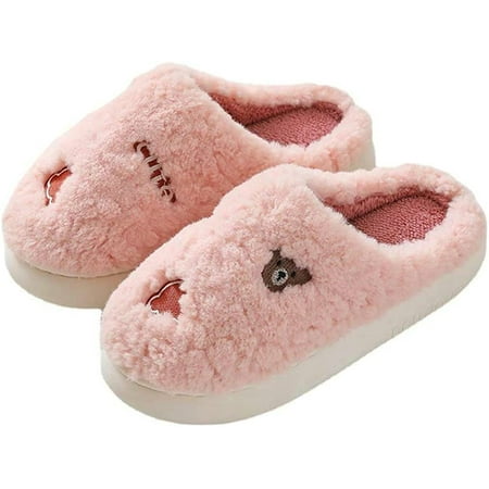 PIKADINGNIS Women Men Fluffy Fur Warm Fleece Lining Winter House Shoes Cute Bear Furry Indoor Slippers