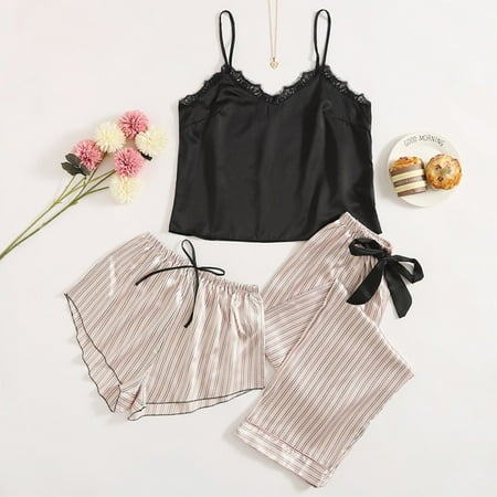 Women Striped Print Lace Strap Underwear Sleepwear And Shorts Long Pants Pajamas 3PC Suits Sets Size L
Women Striped Print Lace Strap Underwear Sleepwear And Shorts Long Pants Pajamas 3PC Suits Sets Size L