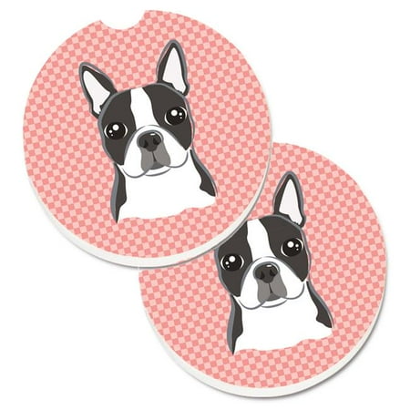 Checkerboard Pink Boston Terrier Set of 2 Cup Holder Car Coaster