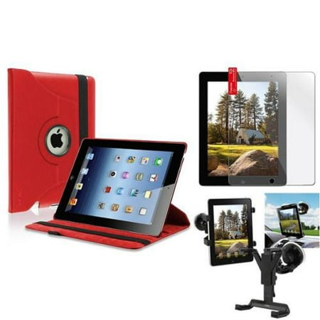 Insten Black Car Mount Windshield Holder+Red 360 Leather Case+Cover for iPad 4 3 2 (Supports Auto Sleep\/Wake)
