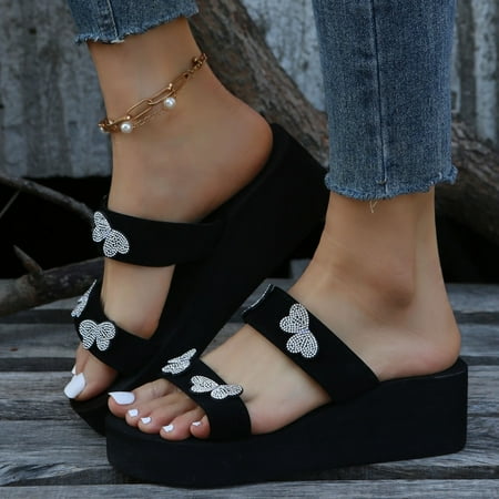 Cathalem Women Slope Heel Thick Bottom Beach Slippers Shoelace Diamond Butterfly Home Outdoor Beach Glitter Sandals for Women Black 7