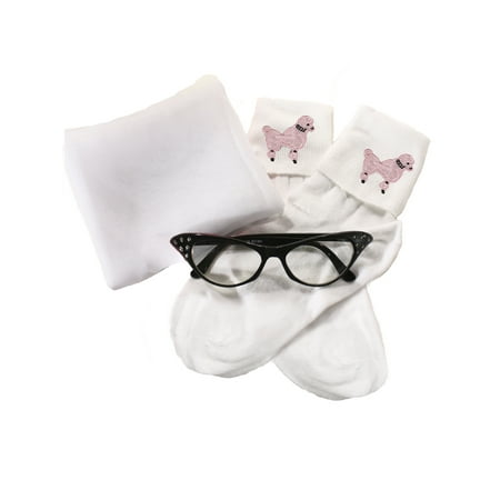 50s Accessory Set - Pink Poodle Socks White Chiffon Scarf & Cat Eye Glasses