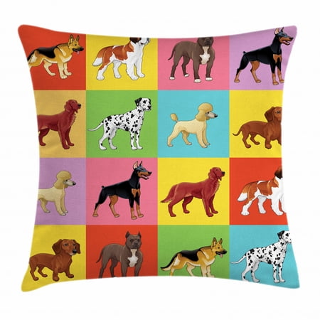 Dogs Throw Pillow Cushion Cover, Colorful Checkered Pattern with Different Breeds of Dogs Animal Pet Lover Themed Print, Decorative Square Accent Pillow Case, 24 X 24 Inches, Multicolor, by Ambesonne