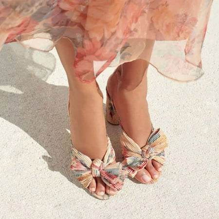 HIMIWAY Wedge Sandals for Women Women s Fashion Sandals Thick Heel Bow Silk Sandals Retro Buckle Shoes Beige 43