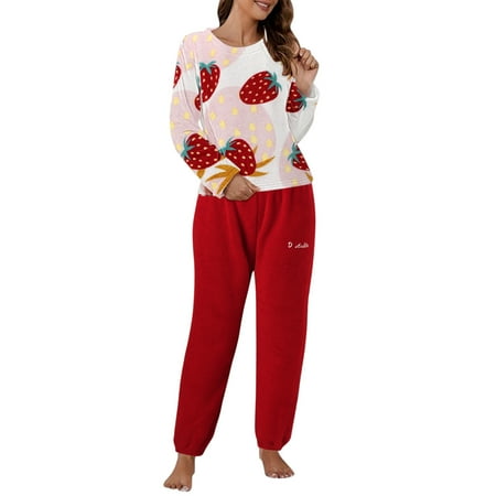 Women Casual Pajamas Sets Coral Fleece Long Sleeve Tops Long Pants Strawberry Printing Sleepwear 2PCS Set Female Chemise Nightie Nightwear
Women Casual Pajamas Sets Coral Fleece Long Sleeve Tops Long Pants Strawberry Printing Sleepwear 2PCS Set Female Chemise Nightie Nightwear