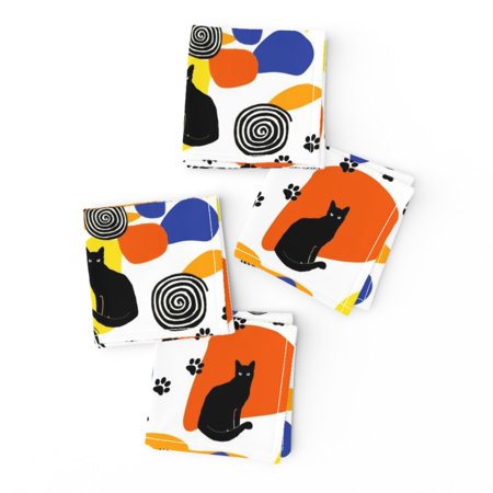 Cocktail Napkins Cat Kitty Black Modern Yellow Animals Set of 4