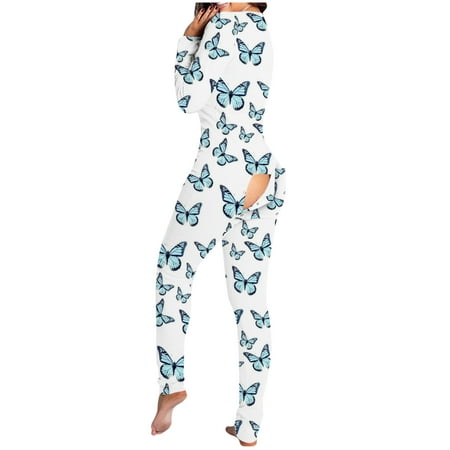 

Women s Button-Down Butterfly Printed Functional Buttoned Flap Adults Jumpsuit (Not Positioning) Butterfly Button-Up Functional Button Flap Adult Pajamas Blue M Pjs For Women Teddy Lingeri11572