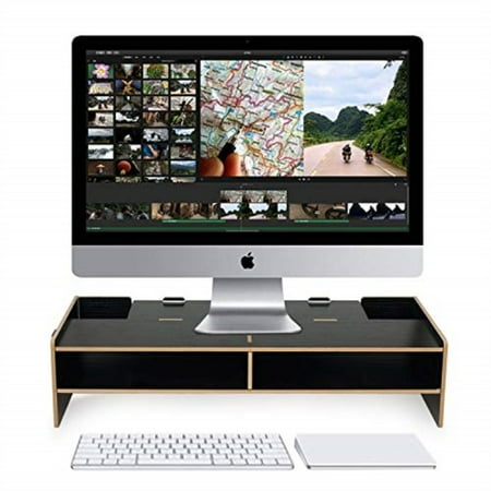akiimy wood universal computer monitor stand riser with storage organizer drawers, desktop,laptop stand riser with keyboard storage space for home & office pc desk stand (black)