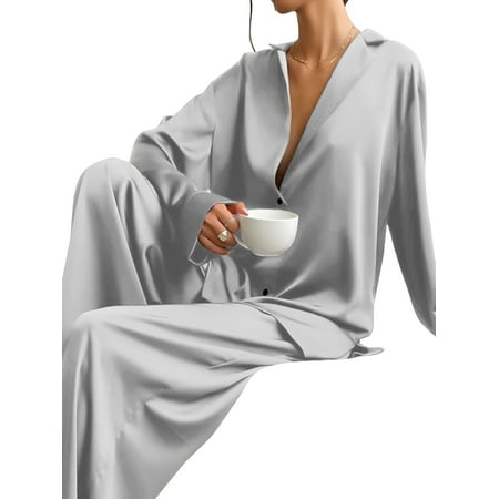 Capreze Ladies Sleepwear Solid Color Pajamas Sets Button Down Nightwear Loose Lounge Set Lapel Collar Gray M
Capreze Ladies Sleepwear Solid Color Pajamas Sets Button Down Nightwear Loose Lounge Set Lapel Collar Gray M
