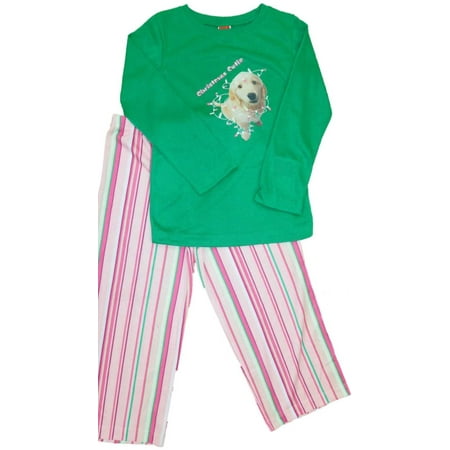 Girls Christmas Cutie Labrador Dog Pajamas Pink & Green Holiday Sleep Set