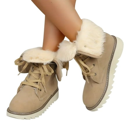 

Luxalzxs Low-Heeled Frosted Leather Lace Up Thick Plush Mid Calf Snow Boots Cotton Shoes
