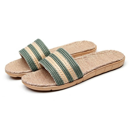 〖Yilirongyumm〗 Green 37-38 Slippers For Women Fashion Anti-Slip Linen Home Indoor Open Toe Flat Shoes Beach Slippers