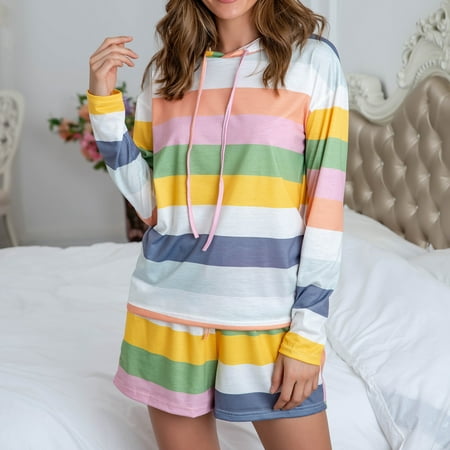 Women Hood Casual Home Stripe Printing Long Sleeves Pajamas 2 Piece Sports Suit