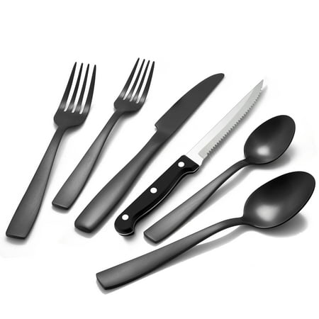 Walchoice 24 Pieces Black Silverware Set Matte Flatware Cutlery Set with Steak Knives Metal Tableware Service for 4 Square Handle & Satin Finish
Walchoice 24 Pieces Black Silverware Set Matte Flatware Cutlery Set with Steak Knives Metal Tableware Service for 4 Square Handle & Satin Finish