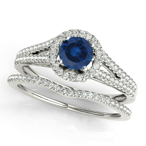 1.15 Ct Split Shank Diamond & Sapphire Engagement/Wedding Ring - 14K Gold