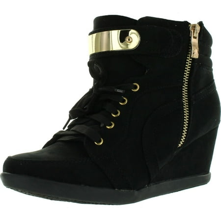 Forever Link Womens Peggy-53 Wedge Fashion Sneakers Black 8.5