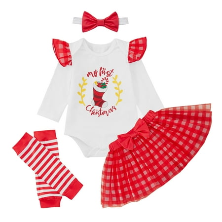 GYRATEDREAM 0-18M My First Christmas Clothes Baby Girls My 1st Christmas Romper Top+Tutu Skirt+Leg Warmers+Headband 4Pcs Outfit Set
