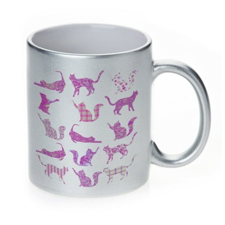 KuzmarK Silver Sparkle Coffee Cup Mug 11 Ounce - Kitty Cat Pink