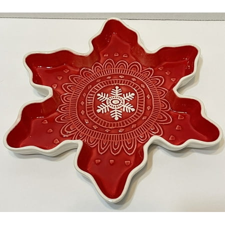 Hallmark Red and White Christmas Snowflake Dish Embossed 9.75 x 1 in Used