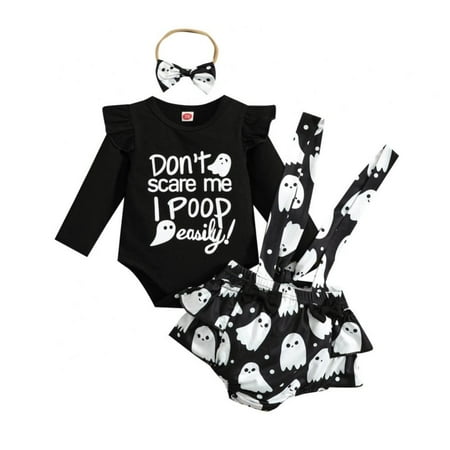 Baby Girls Halloween Clothes Long Sleeve My First Halloween Romper+ Suspender Skirt+Headband Clothes 3PCS Clothes Set