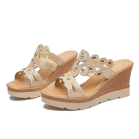 HIBRO Women Ladies Bohemia Crystal Wedges Thick Peep Toe Sandals Slippers Shoes